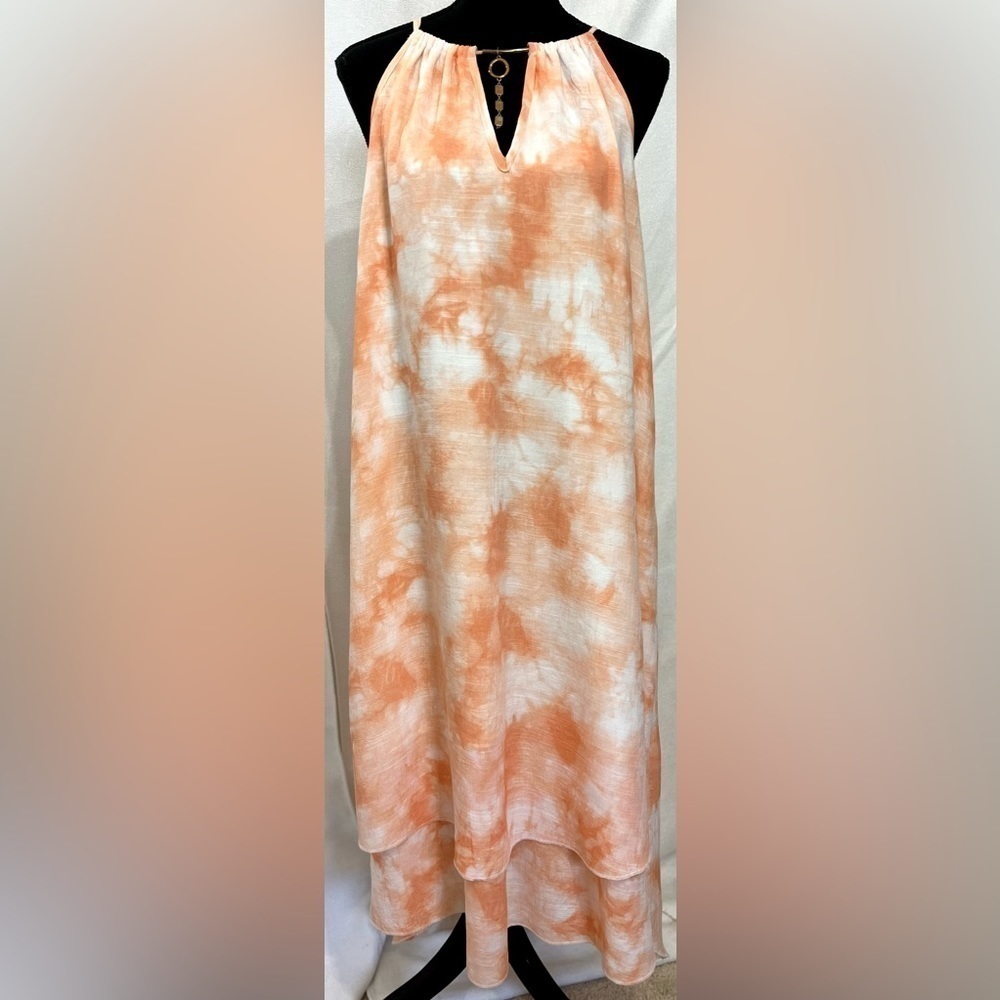 Mlle Gabrielle tie dye tangerine/white tiered bejeweled neck airy flowy lined. L - Picture 3 of 7
